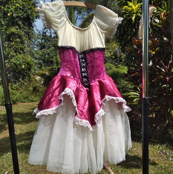 Renaissance Costume Pink Maroon Cream Dress Tulle Ruffle - Picture 4 of 11